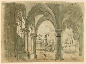 Progetto scenico, portico con edifici da Unknown artist