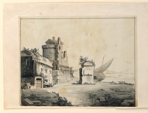 Scenografia, rovine vicino alla riva da Unknown artist