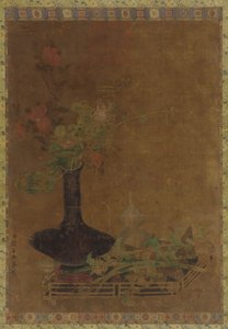 Natura morta - un vaso nero e fiori