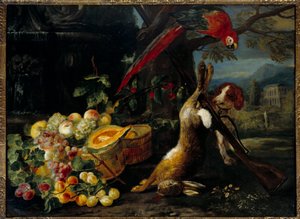 Natura morta con selvaggina, pappagallo e frutta da Unknown artist