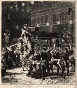 Saltimbanchi di strada: giocolieri, equilibristi e acrobati, in spettacoli notturni, alla Fiera annuale di Asakusa, Tempio di Tokyo. Incisione per illustrare il viaggio in Giappone, di Aimé Humbert, ministro della Confederazione Svizzera, nel 1863-1864, pu