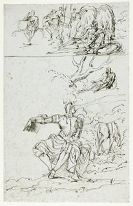 Foglio di studio con cavaliere seduto (recto); figura maschile in piedi in abiti medievali (verso) da Unknown artist