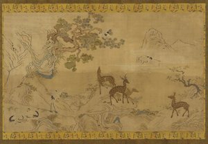 Arazzo: paesaggio con cervi, cicogne, pini e pesco da Unknown artist
