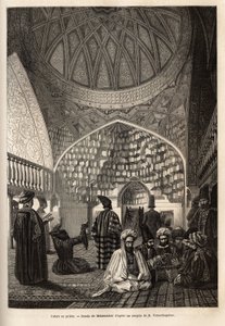 Tartari in preghiera, nella Moschea di Schusha (Transcaucasia, Russia). Incisione per illustrare il viaggio nelle province del Caucaso, di Basile Vereschaguine, nel 1864-1865, pubblicato in “le tour du monde”, sotto la direzione di D
