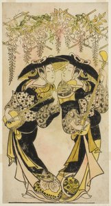 Gli attori Sanjo Kantaro (a destra) e Fujimura Handayu (a sinistra) come musicisti che suonano sotto il glicine da Unknown artist