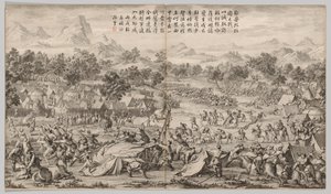 La battaglia a Elei Zhalatu: dalle Scene di battaglia della repressione delle ribellioni nelle regioni occidentali, con poesie imperiali da Unknown artist