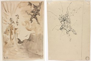 Il vescovo e il demone (recto); Tre demoni che tengono un cavaliere (verso) da Unknown artist