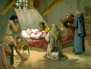La morte di Cristoforo Colombo 20/05/1506. Incisione a colori del XIX secolo da Unknown artist