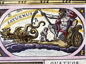 Il dio Saturno (Crono) su un carro trainato da due draghi.