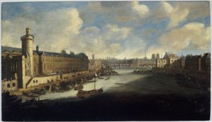 La Grande Galerie del Louvre, con la Porte Neuve, il Pont-Neuf, la Cité, il Collège des Quatres-Nations in costruzione e il Quai Malaquais, circa 1665. Sulla Senna, la galera reale, tra il 1660 e il 1670 da Unknown artist