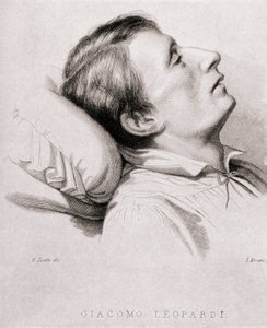Il poeta italiano Giacomo Leopardi (1798-1837) sul letto di morte. Incisione del XIX secolo da Unknown artist