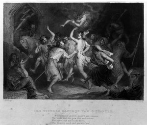 La leggenda di Cutty Sark dopo la poesia di Robert Burns: la danza delle streghe. Incisione del XIX secolo