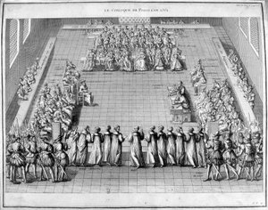 Il Colloquio di Poissy (Poissy) nel 1561. Al centro il Re di Francia Carlo IX (1550-1574) e la Regina Madre Caterina de