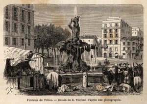 La Fontana del Tritone, a Roma, creata nel 1643 da Gian Lorenzo Bernini (1598-1680), in Piazza Barberini. Incisione per illustrare il viaggio a Roma, di Francis Wey, nel 1864-1868, pubblicato in "Le tour du monde, nouveau da Unknown artist