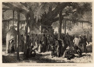 Gli annamiti della scorta di Garnier danno una rappresentazione improvvisata ai loro compatrioti a Lakon (Laos), dopo aver allestito un piccolo teatro di marionette ai piedi di un baniano con un enorme tronco. Incisione per illustrare il viaggio di esplora da Unknown artist