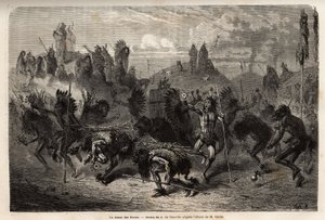 La danza del bisonte eseguita dai guerrieri degli indiani Mandans (o noumah ka kie: fagiani) sulla riva sinistra del Missouri. Incisione per illustrare un