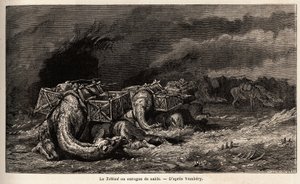 La carovana di cammelli catturata in un uragano di sabbia chiamato tebbad. Disegno di Emile Bayard per illustrare il viaggio in Asia Centrale, nel 1863, di Arminius Vambery (scienziato ungherese travestito da derviscio). Incisione in "Le tour du monde", a
