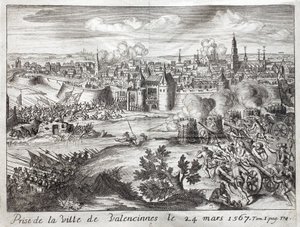 La città di Valenciennes fu presa il 24 marzo 1567. Prima battaglia della rivolta dei Gueux. Incisione per illustrare History of the War of F da Unknown artist
