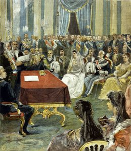 Il matrimonio civile del Principe di Napoli - che divenne Vittorio Emanuele III - con la Principessa Elena del Montenegro al Palazzo del Quirinale nel 1896. Al centro si può vedere Umberto I a sinistra della sposa. da Unknown artist