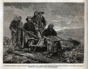 I selezionatori di carbone, tipo di Creusot; in primo piano, seduta sulla carriola, la più anziana dei selezionatori, la madre Dion, 36 anni di selezione. Incisione per illustrare un viaggio a Creusot e alle miniere di Saone e Loira, nel 1865, di L. Simoni da Unknown artist