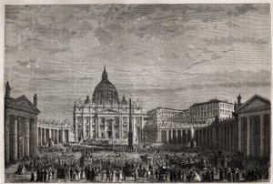 La folla si è precipitata in Piazza San Pietro in Vaticano per ricevere la grande benedizione di Pasqua da Papa Pio IX (1792-1878). Incisione per illustrare la storia della Settimana Santa a Roma, nel 1863, di Ludovic Celler, in 