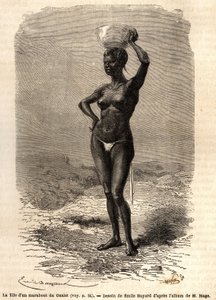 La figlia di un marabutto di Oualet (Mauritania), con una ciotola sulla testa per fare il sapone nero. Incisione per illustrare il viaggio nel Sudan occidentale del tenente (Marina) M. Mage, nel 1863-1866, pubblicato in "Le tour du monde, nouveau journal d