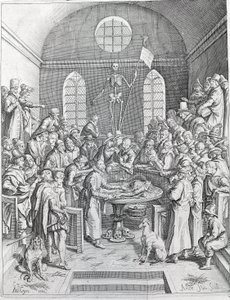 La dissezione. Gruppo di medici e scienziati riuniti per seguire una dissezione in un anfiteatro. Incisione del 1788 da Unknown artist