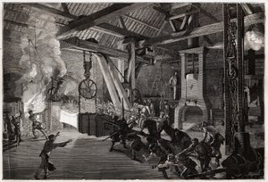 Il martello del tamburino (tamburino) ha la forgia dei grandi lavori; il pezzo enorme da forgiare esce dal forno abbagliante, gli uomini manovrano per portarlo sotto il bastone. Incisione per illustrare un viaggio al Creusot e alle miniere di Saone e Loira