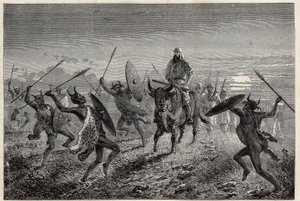 La scorta assegnata al viaggiatore Baker, esegue una fantasia prima di partire per il Lago Alberto (o Albert Nyanza). Incisione per illustrare il viaggio al lago Alberto, dal 1861 al 1864, di Sir Samuel White Baker, in 