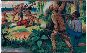 La lotta con i selvaggi. Illustrazione per il libro di Daniel Defoe 