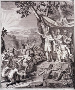 Il primo Inca Manco Capac e la Regina Coya Mama Oello Huaco sua moglie, entrambi figli del Sole, radunano i selvaggi - in "Viaggio Storico del Sud America fatto per ordine del Re di Spagna" di Don Georges Juan & Don Antoine de Ulloa, T.II, ed. Jombert da Unknown artist