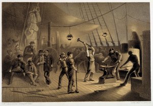 La forgia sul ponte. Notte del 9 agosto preparando la placcatura in ferro per il cabestano - in "The Atlantic telegraph" di W. H. Russel, ca. 1860 da Unknown artist