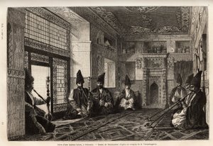 Il salotto di una ricca casa tartara a Schusha (Transcaucasia, Russia), dove gli uomini si riuniscono, seduti sui tappeti per fumare la pipa e chiacchierare. Incisione per illustrare il viaggio nelle province del Caucaso, di Basile Vereschaguine, nel 1864-