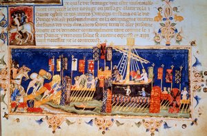 Caricamento delle barche per la Crociata Miniatura dagli Statuti dell