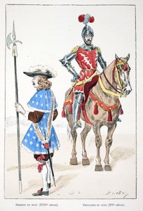 Il sergente vedetta nel XVII secolo e il cavaliere nel XV secolo. Acquaforte a colori, per illustrazione 