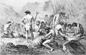 La fabbricazione e la lucidatura della selce da parte degli uomini preistorici a Pressigny. da Unknown artist