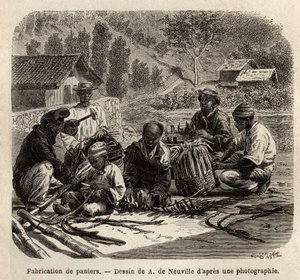 La fabbricazione di cesti di foglie di palma, per la raccolta del caffè. Incisione per illustrare il viaggio in Brasile, racconto di M. e Mme Agassiz, nel 1865-1866, pubblicato in 