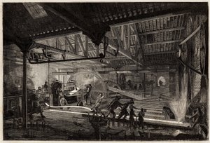 La fabbricazione delle rotaie nelle vecchie fucine di Le Creusot, le strisce di acciaio, bianche di calore, si estendono in rotaie tra i laminatoi. Incisione per illustrare un viaggio a Le Creusot e alle miniere di Saone e Loira, nel 1865, di L. Simonin, i