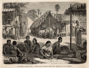Il mercato di Phnom Penh, dove i negozianti malesi e i commercianti cinesi offrono una vasta gamma di prodotti di consumo e di produzione. Incisione per illustrare il viaggio di esplorazione in Indocina, di Francis Garnier, tenente di vascello, nel 1866-18 da Unknown artist