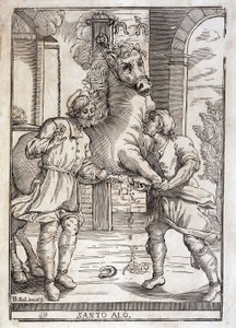 Il miracolo di San Eloi (guarigione di un cavallo amputato) - incisione da Unknown artist