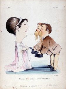 I fratelli gemelli Pelliccia ricevono Erminia Frezzolini, il soprano italiano (1818-1884). Caricatura del XIX secolo. da Unknown artist