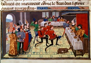 Il banchetto di nozze al matrimonio di Clarisse, figlia del re Yvon di Guascogna e Renaud. Miniatura dal manoscritto "Renaud de Montauban" o "Les quatre fils Aymon" di Loyset Liedet da Unknown artist
