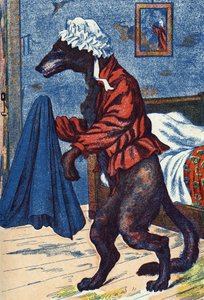 Il lupo indossa i vestiti della nonna. Illustrazione anonima per "Cappuccetto Rosso", racconto di Charles Perrault (1628-1703), scrittore francese. Immagini Marcel Vagne, Jarville Nancy, senza data (fine XIX secolo)