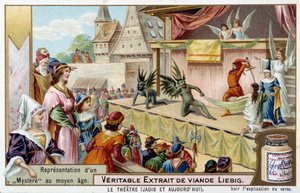 Teatro: rappresentazione di un mistero nel Medioevo - Cromolitografia Liebig da Unknown artist