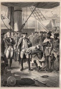 Terzo viaggio (1776-1779) del Capitano James Cook (1728-1779): il sacerdote Koah offre un maialino a Cook, a bordo della nave Resolution (Hawaii) - illustrazione da 