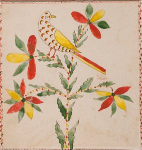 Piccolo uccello giallo e rosso su un ramoscello fiorito da Unknown artist