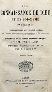 Pagina del titolo di "La conoscenza di Dio e di se stessi" del teologo e vescovo francese Jacques-Benigne Bossuet (1627-1704). 1857. da Unknown artist
