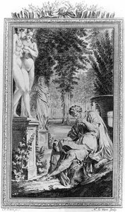 Tito Lucrezio Caro (Lucrezio) filosofo e poeta romano in "De Rerum natura", Incisione del XVIII secolo