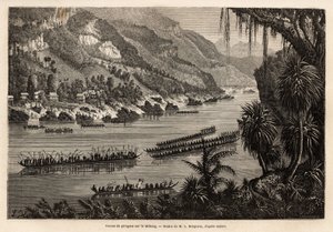 Gara tradizionale di canoe sul fiume Mekong, organizzata ogni anno alla fine della stagione delle piogge, come una prestigiosa competizione tra i villaggi di pescatori e agricoltori vicini al fiume. Incisione per illustrare il viaggio di esplorazione in In da Unknown artist