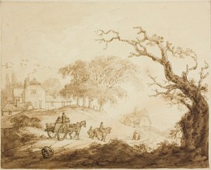 Viaggiatori con cavalli e carro su una strada vicino a case da Unknown artist